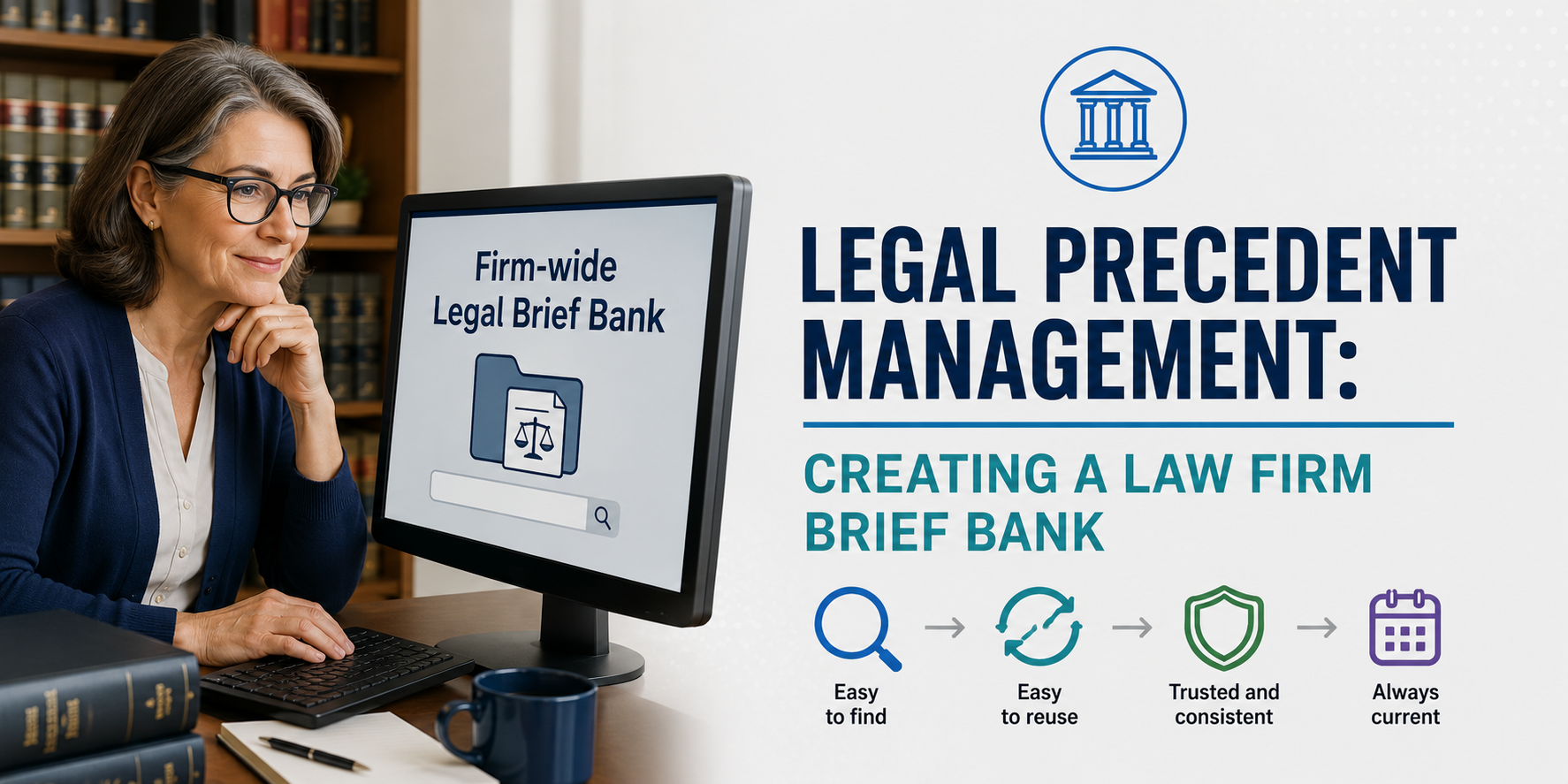 Attorney searching a law firm's legal precedent bank on a laptop.